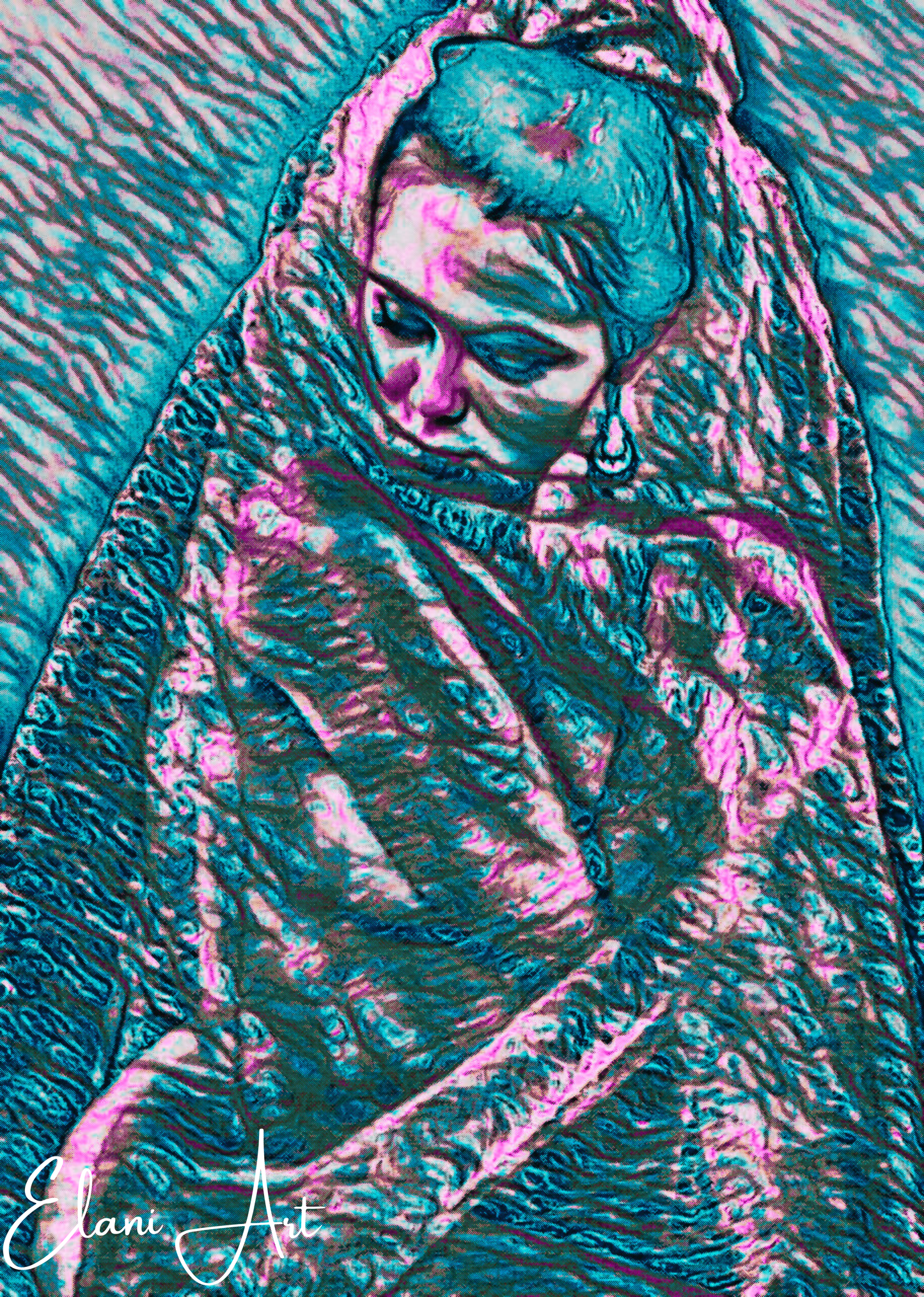 THE VEILED WOMAN - An Original Vibrant Teal Pink Colorful Woman w/ Veil Portrait Looking Downward Impressionistic Artwork Print by ElaniArt