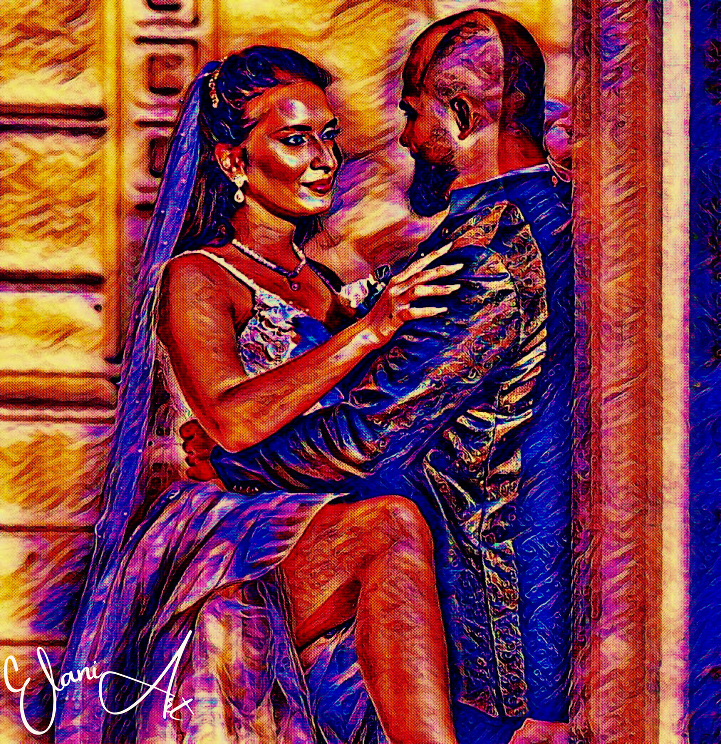 THE LIFE - An Original Vibrant Red Colorful Newly Married Couple Man Woman Bride in Wedding Dress Veil Leg Up Wall Artwork Print by ElaniArt