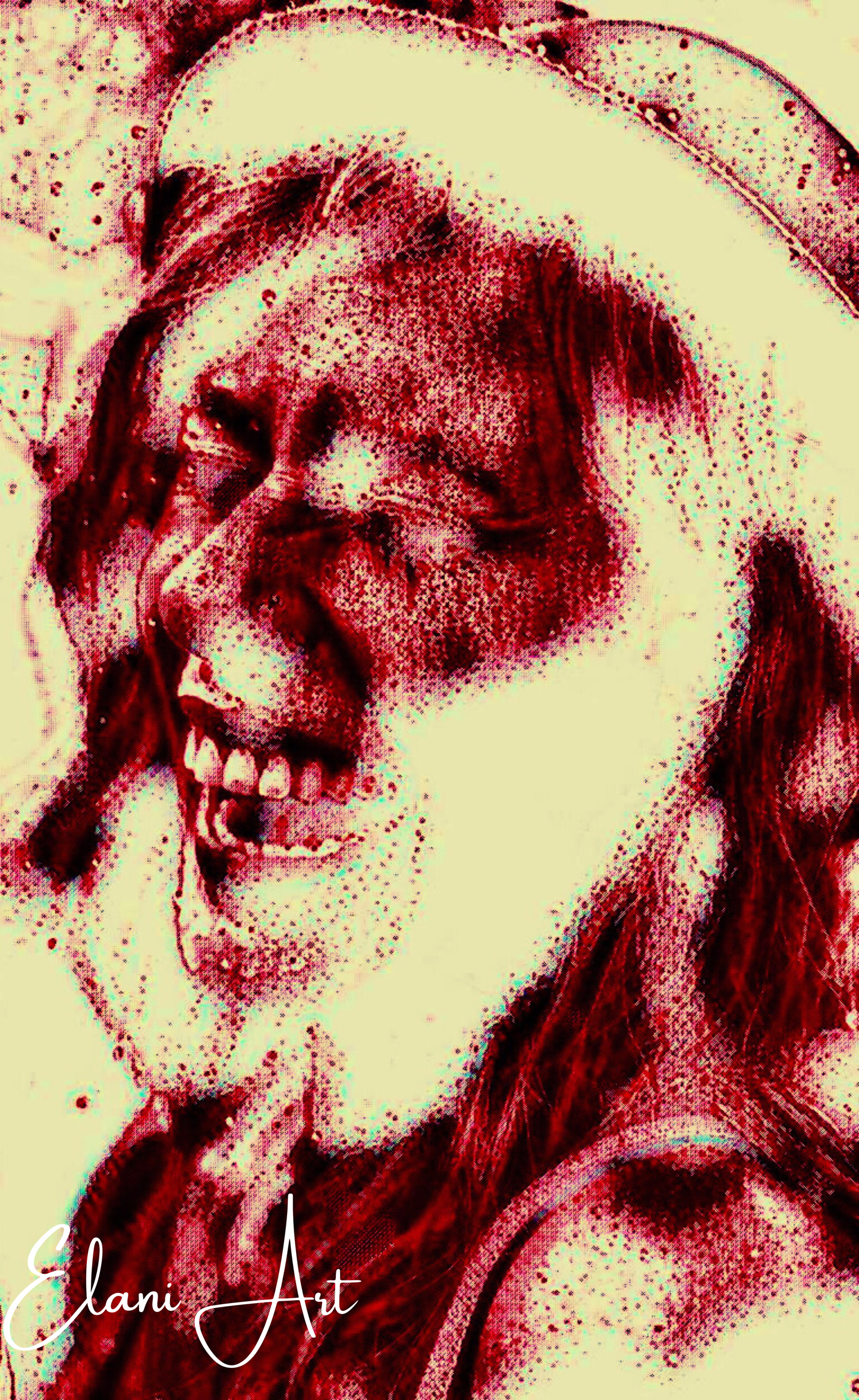 HILARIOUS - An Original Vivid Red Ivory Woman Laughing Open-Mouth Eyes Closed with Hat Portraiture Impressionistic Artwork Print by ElaniArt