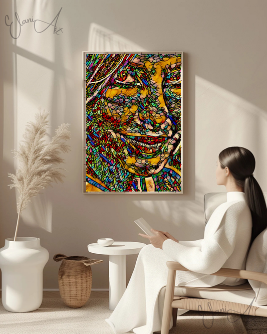 AND YOU? - An Original Vibrant Colorful Woman Portraiture Face Smile Stained Glass Mosaic Impressionistic Wall Artwork Print by ElaniArt