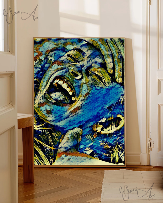 AMUSING - An Original Vibrant Blue Colorful Woman Laughing Hand on Head Open-Mouth Eyes Closed Impressionistic Artwork Print by ElaniArt