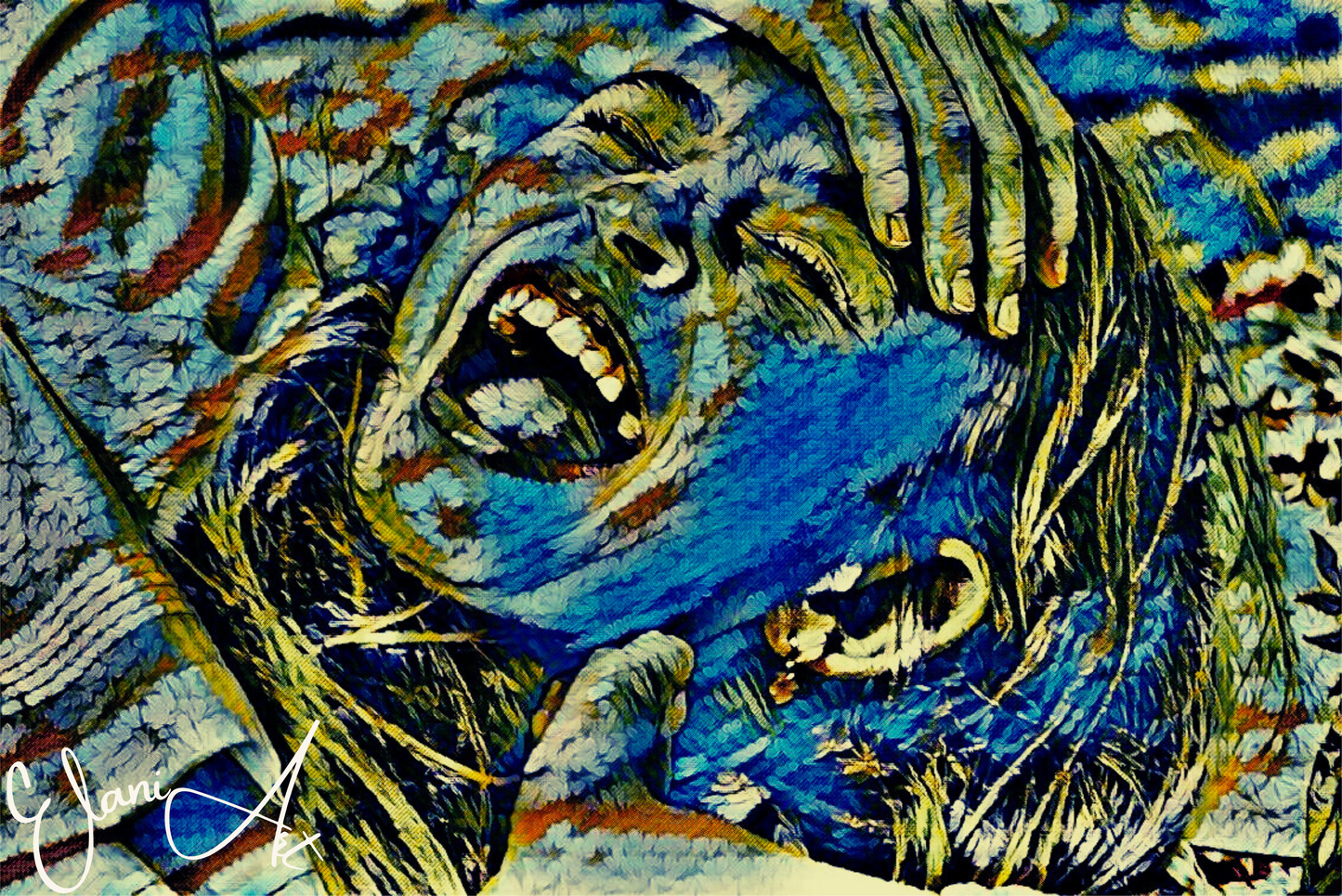 AMUSING - An Original Vibrant Blue Colorful Woman Laughing Hand on Head Open-Mouth Eyes Closed Impressionistic Artwork Print by ElaniArt