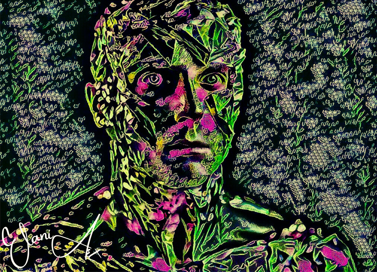BOTANICAL MAN - An Original Vibrant Green Pink Man Foliage Nature Green Pink Eyes Portrait Impressionistic Wall Artwork Print by ElaniArt