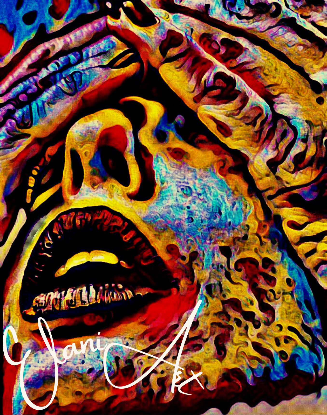 DON'T LOOK - An Original Vibrant Red Blue Colorful Hands Over a Woman's Eyes Lipstick Open-Mouth Impressionistic Artwork Print by ElaniArt