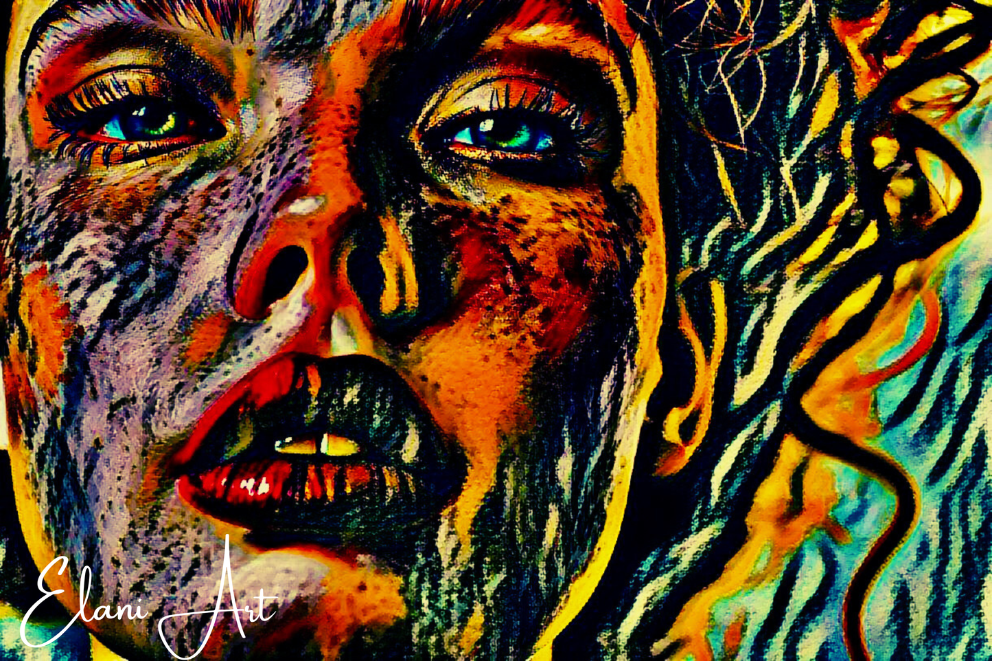 EMMIE - An Original Vibrant Red Colorful Woman's Face Freckles Open Mouth Blue Eyes Portrait Impressionistic Wall Artwork Print by ElaniArt