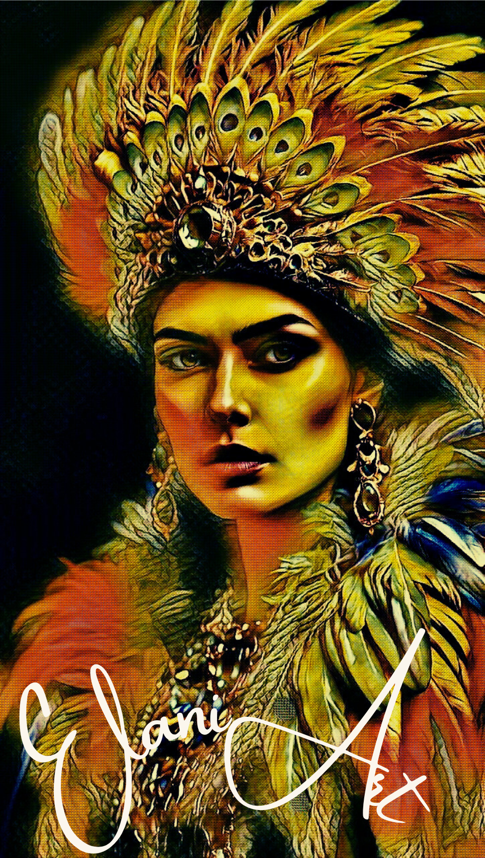 GHIGUA - An Original Vivid Cherokee Native American Woman with Feathered Headdress Cultural Impressionistic Wall Artwork Print by ElaniArt