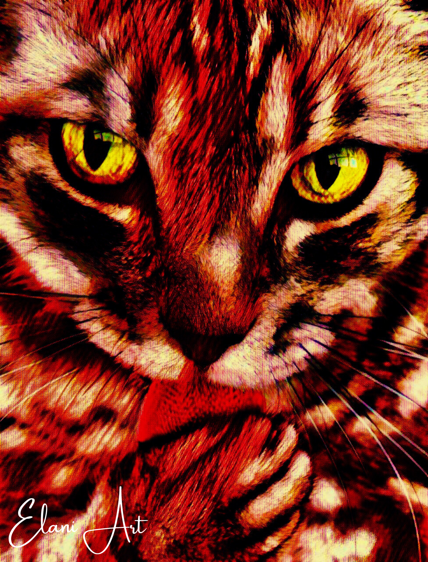 GOT MY TONGUE - An Original Vibrant Red Colorful Cat Licking Paw Feline Close-Up Animal Portrait Impressionistic Artwork Print by ElaniArt
