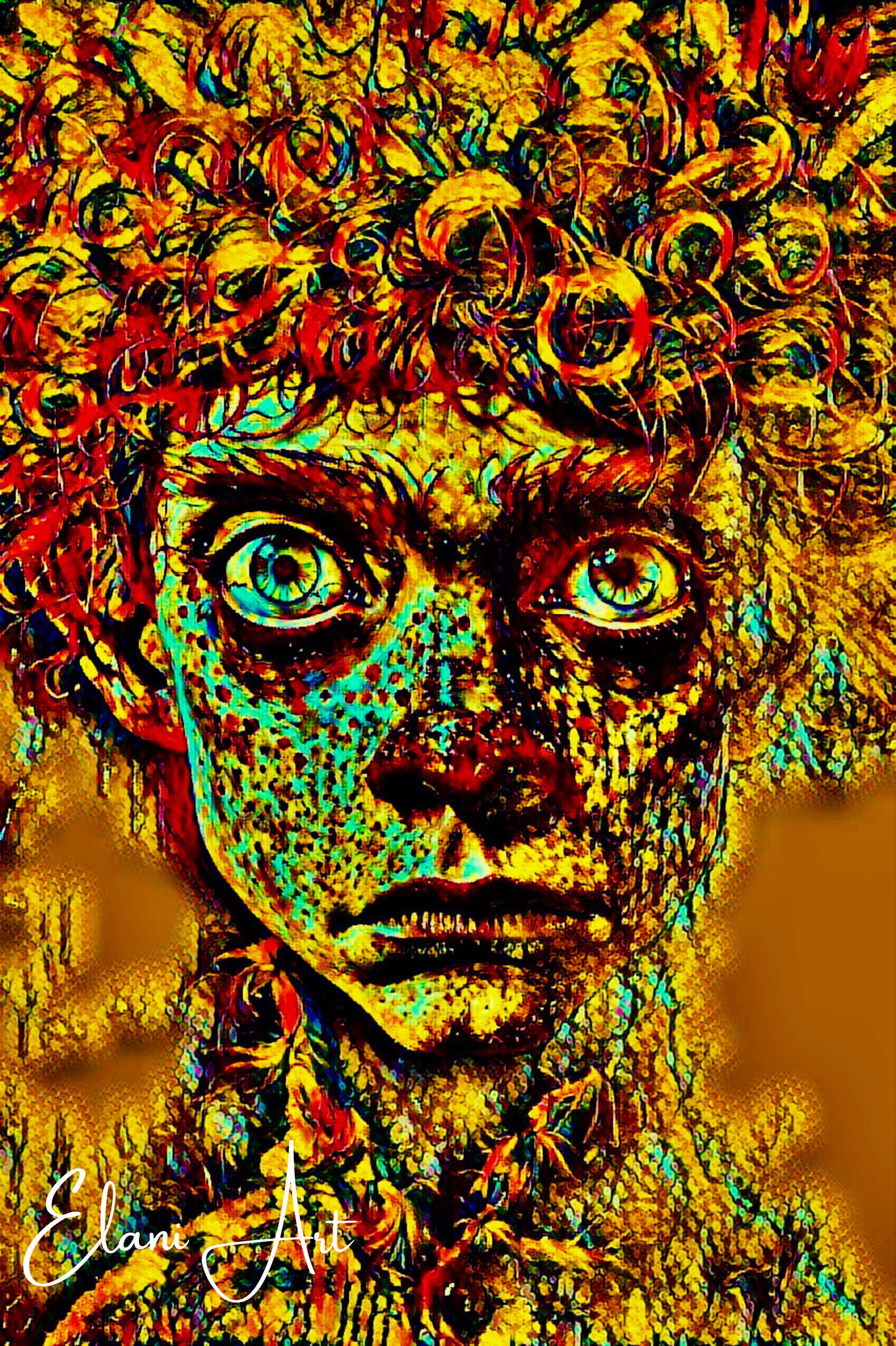 HALLUCINATIONS - An Original Vibrant Portraiture Man's Face Curly Red Hair Big Intense Eyes Impressionistic Wall Artwork Print by ElaniArt