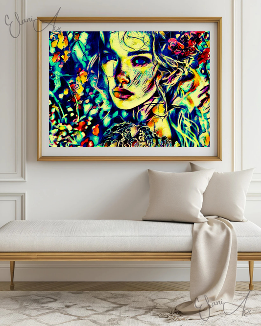 IMMERSED IN BLOOMS - An Original Vibrant Colorful Woman Surrounded by Flowers Floral Portrait Impressionistic Wall Artwork Print by ElaniArt