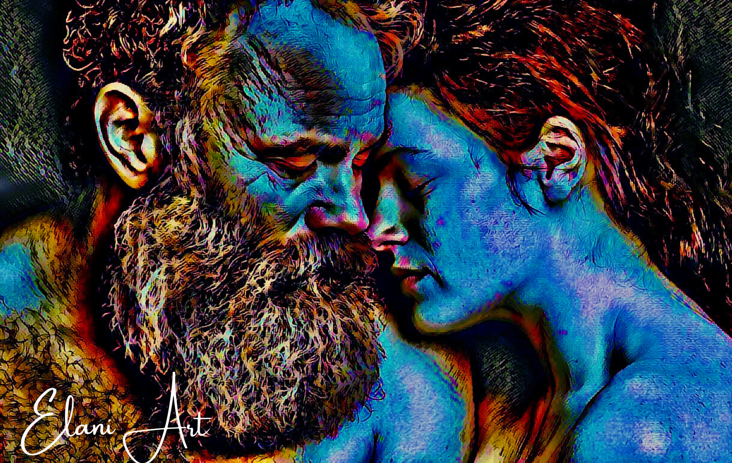 IN LOVE - An Original Vibrant Colorful Blue Bearded Man Woman Couple In Love Eyes Closed Portrait Impressionistic Artwork Print by ElaniArt