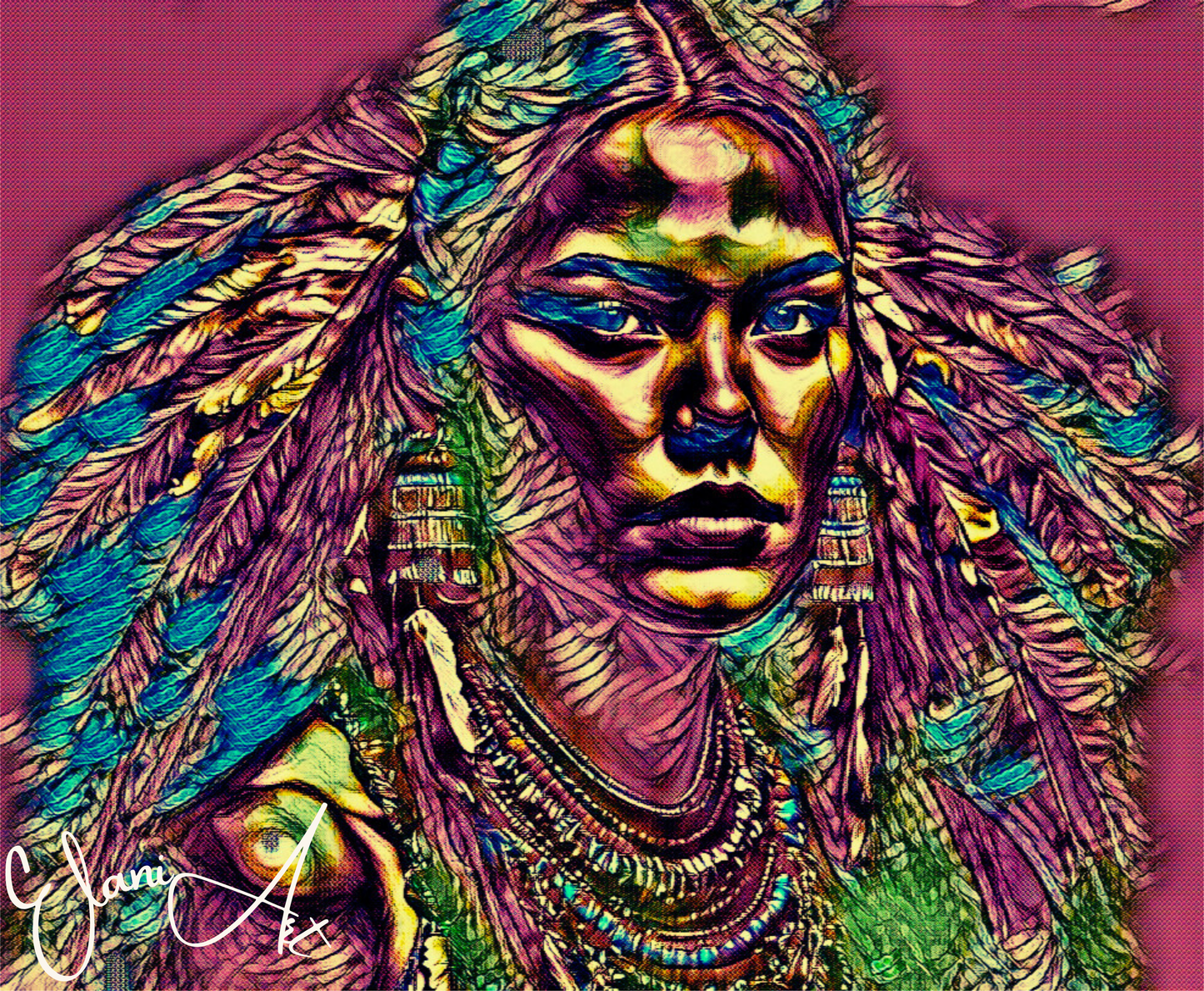 JULIETTA - An Original Vibrant Pink Colorful Native American Woman Portrait Feather Headdress Impressionistic Wall Artwork Print by ElaniArt