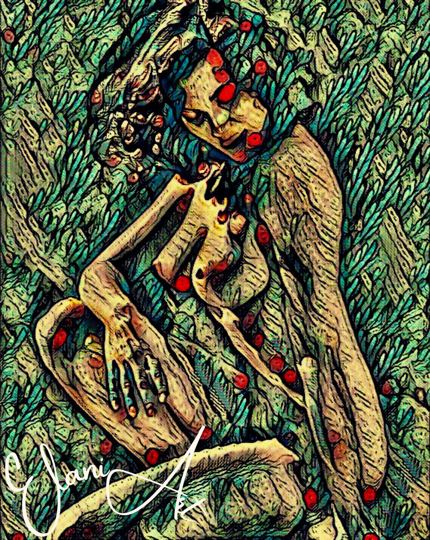 LUCIANA - An Original Vivid Green Plant-Like Erotic Woman Nude Sitting Portrait Impressionistic Wall Artwork Print - Erotic Art by ElaniArt