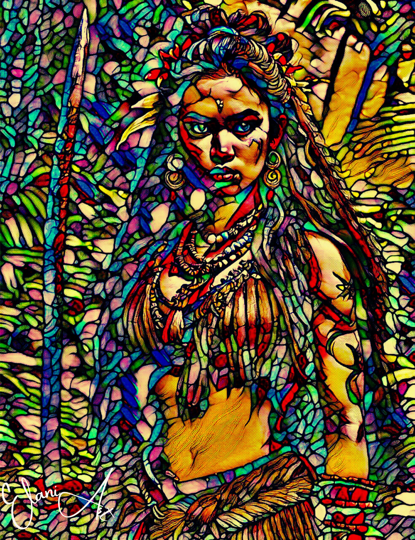 LUCIA - An Original Vibrant Colorful Stained Glass Native American Indigenous Hunter Woman Impressionistic Wall Artwork Print by ElaniArt