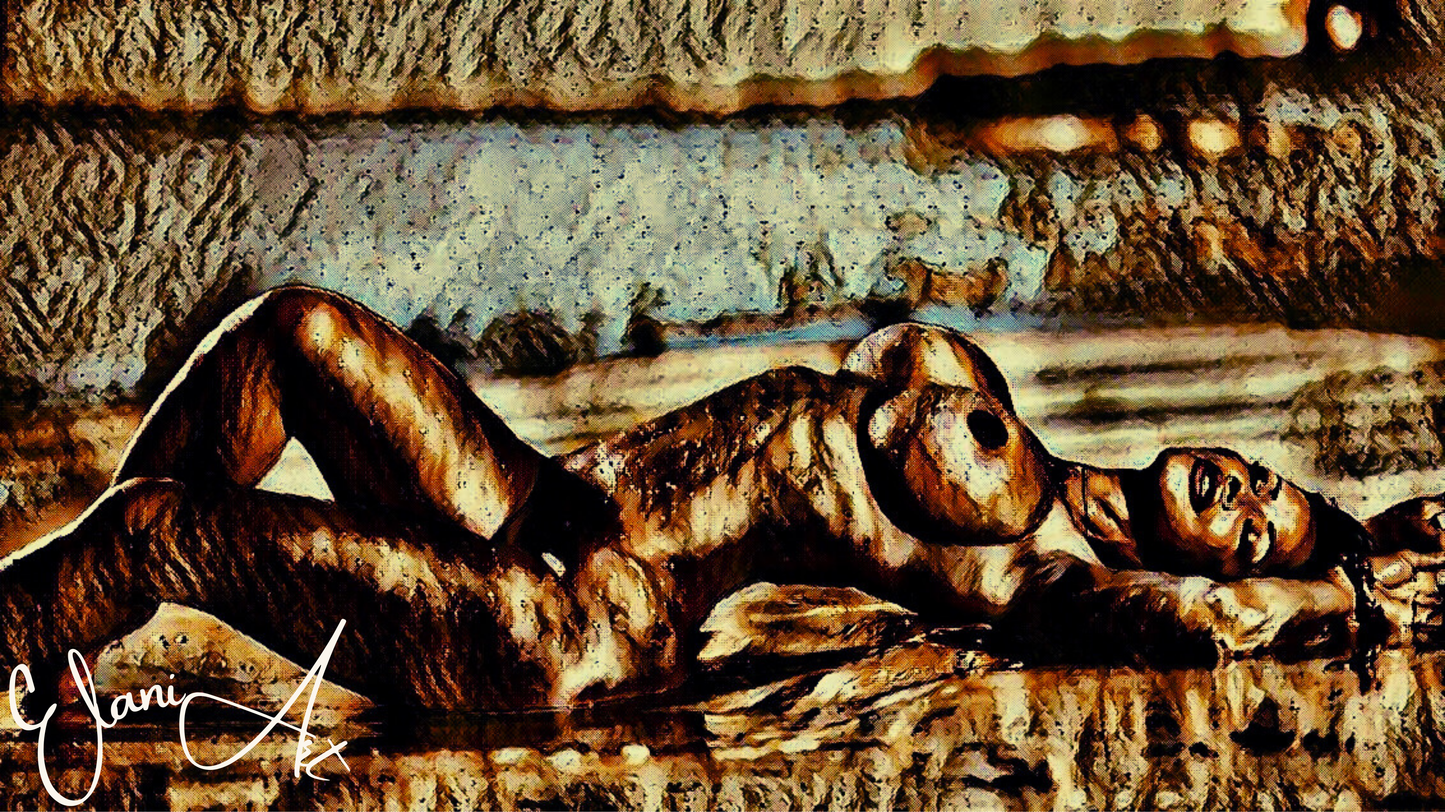 ON THE BEACH - An Original Vibrant Bronze Erotic Nude Woman Laying on Beach Portrait Impressionistic Artwork Print - Erotic Art by ElaniArt