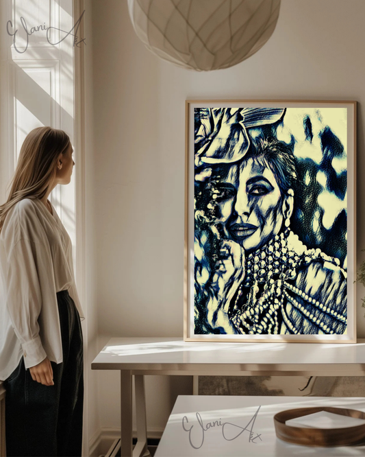 PEARLA - An Original Vivid Black Ivory Blue Woman with Hat and Pearls Portraiture Art Deco Impressionistic Wall Artwork Print by ElaniArt