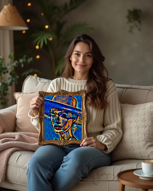 REBECCA - An Original Vibrant Blue Orange Colorful Woman's Face Hat Red Lips Face Portrait Impressionistic Wall Artwork Print by ElaniArt