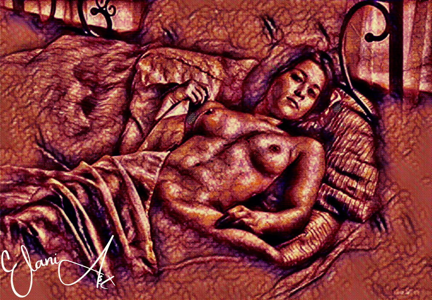 SAUVIGNON - An Original Vibrant Red Colorful Erotic Nude Woman Laying Down Portrait Impressionistic Artwork Print - Erotic Art by ElaniArt