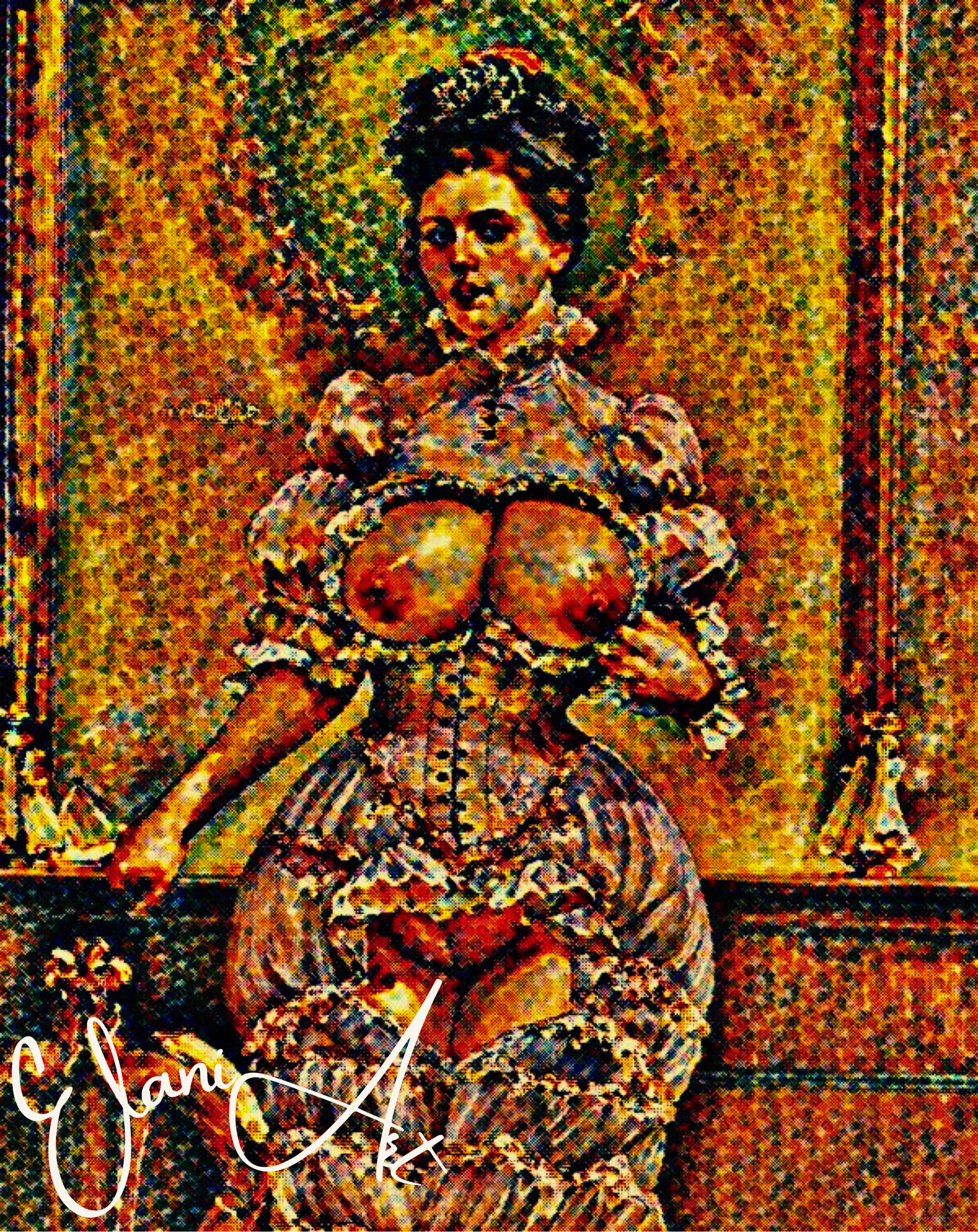 SCENIC VISTA - An Original Vivid Brown Mosaic Erotic Woman in Cut-Out Dress Portrait Impressionistic Artwork Print - Erotic Art by ElaniArt