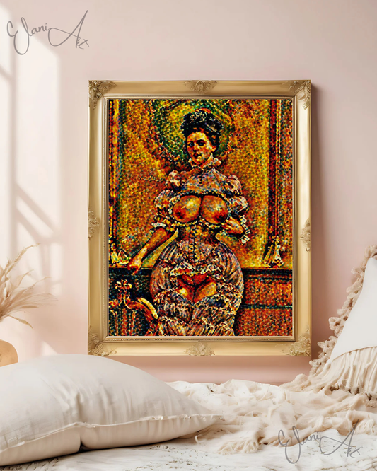 SCENIC VISTA - An Original Vivid Brown Mosaic Erotic Woman in Cut-Out Dress Portrait Impressionistic Artwork Print - Erotic Art by ElaniArt