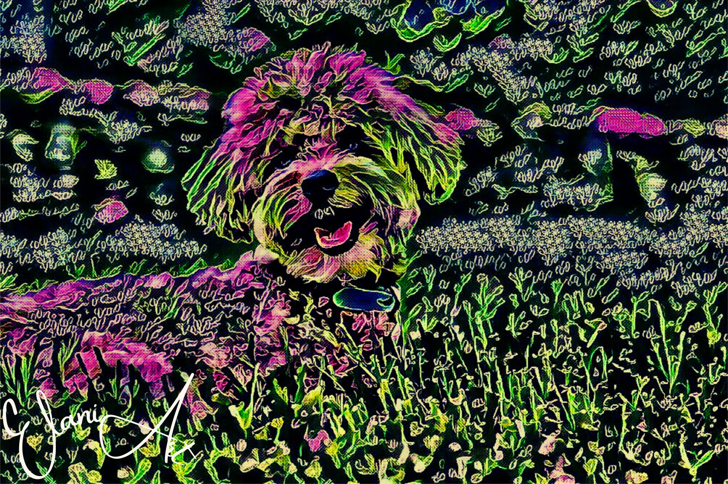 SCRUFFY - An Original Vibrant Pink Green Furry Dog Pet Portrait Open-Mouthed Happy Animal Impressionistic Wall Artwork Print by ElaniArt