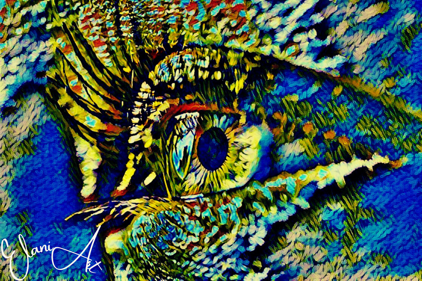 SEEN - An Original Vibrant Blue Green Colorful Textured Woman's Open Eye Iris Pupil Eyelashes Impressionistic Wall Artwork Print by ElaniArt