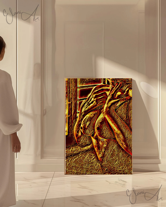 SENSUAL - An Original Vibrant Bronze Gold Erotic Nude Woman Hands For Reaching Neck Impressionistic Artwork Print - Erotic Art by ElaniArt