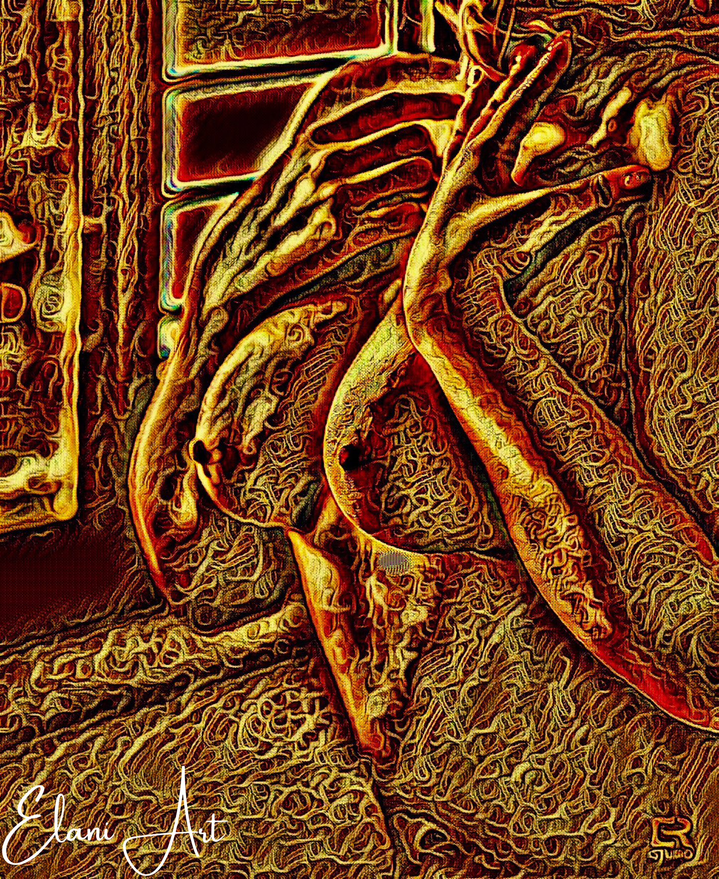 SENSUAL - An Original Vibrant Bronze Gold Erotic Nude Woman Hands For Reaching Neck Impressionistic Artwork Print - Erotic Art by ElaniArt