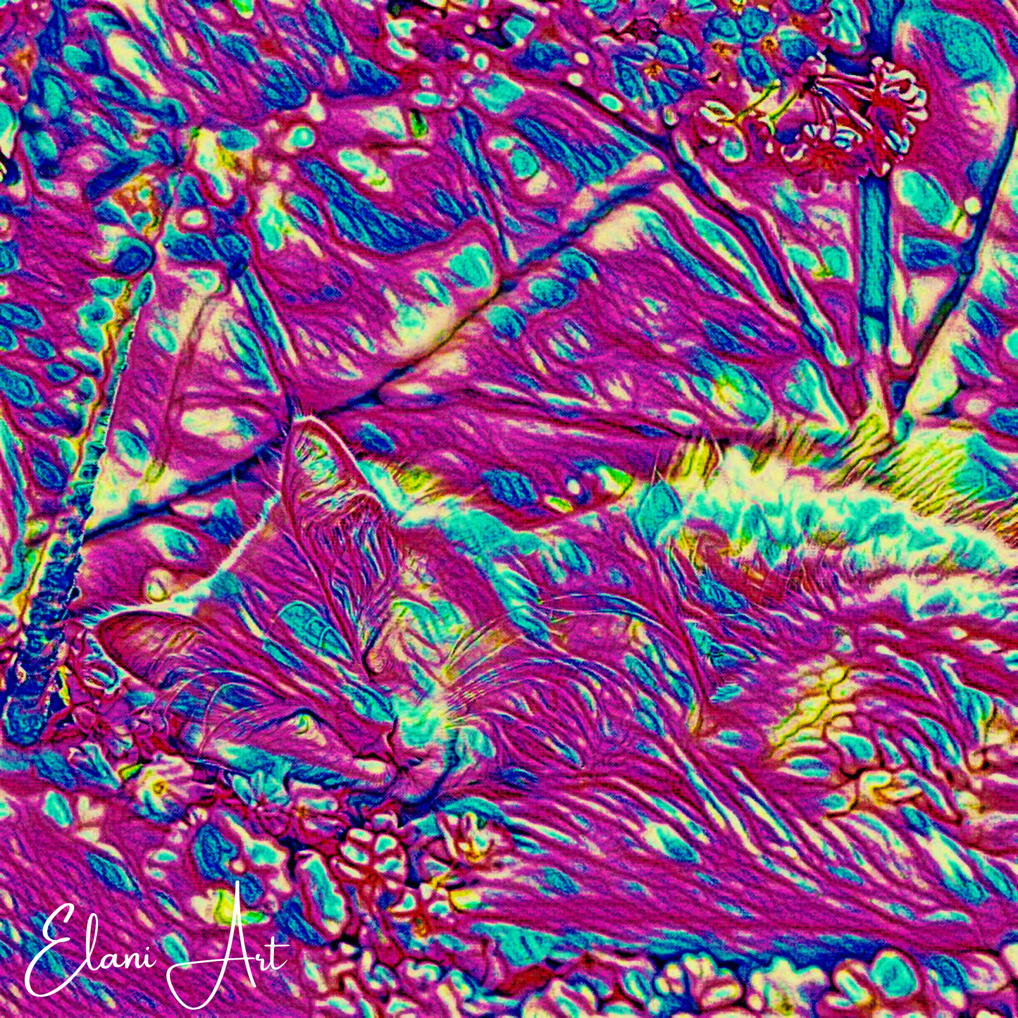 SLEEPING CAT - An Original Vibrant Pink Sleeping Cat in a Flower Patch Animal Portraiture Impressionistic Wall Artwork Print by ElaniArt