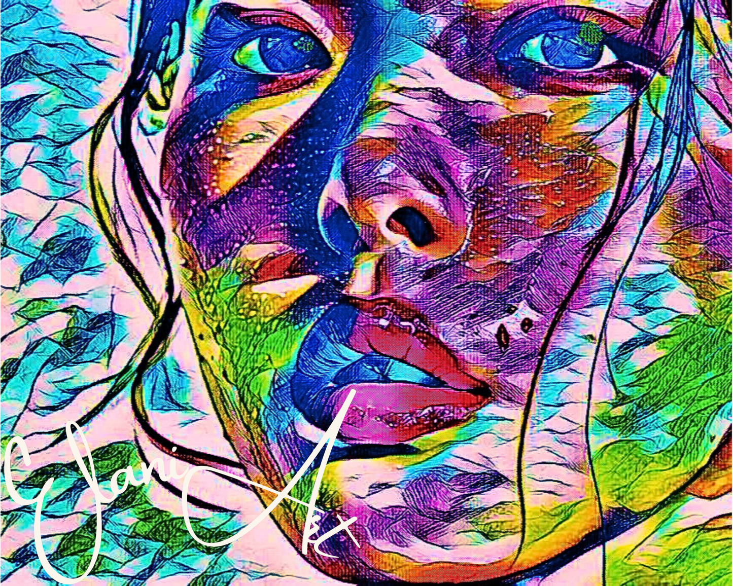 SPEAK UP - An Original Vibrant Pink Blue Colorful Asian Woman Face Portrait Open Mouth Impressionistic Wall Artwork Print by ElaniArt