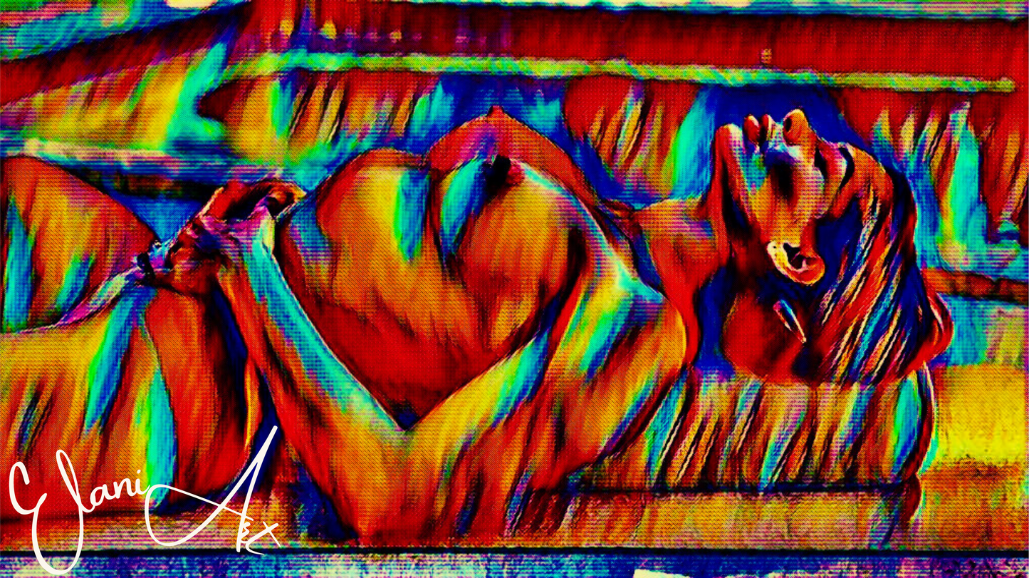 SUNBATHING - An Original Vibrant Red Blue Colorful Erotic Nude Woman Sunbathing Impressionistic Wall Artwork Print - Erotic Art by ElaniArt