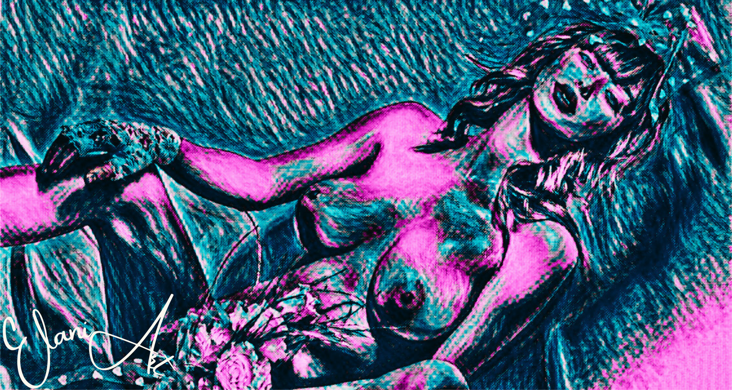 THE 1988 BRIDE - An Original Vibrant Teal Pink Erotic Nude Bride Flowers Portrait Impressionistic Artwork Print - Erotic Art by ElaniArt