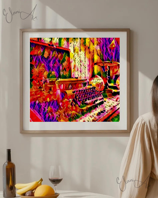 THE ANTIQUE - An Original Vibrant Red Colorful Vintage Typewriter in Case Typing Impressionistic Wall Artwork Print by ElaniArt
