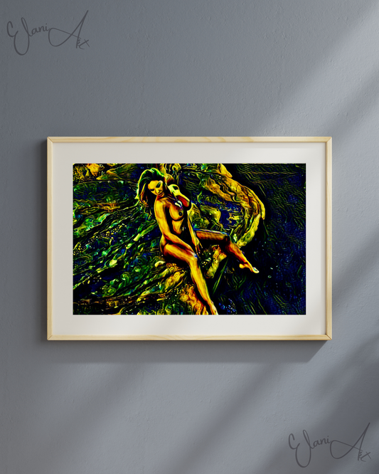 THE CLIFF - An Original Vivid Green Erotic Woman Nude Sitting on Cliff Portrait Impressionistic Wall Artwork Print - Erotic Art by ElaniArt