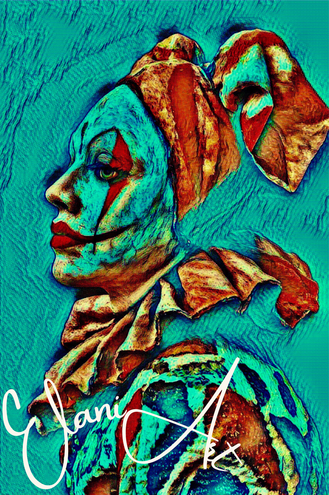 THE CLOWN - An Original Vibrant Blue Green Teal Melancholy Clown Portrait Makeup Costume Impressionistic Wall Artwork Print by ElaniArt