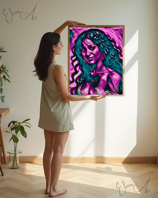 THE FEARLESS - An Original Vibrant Purple African American Woman Smile Portrait Black Wavy Hair Impressionistic Artwork Print by ElaniArt
