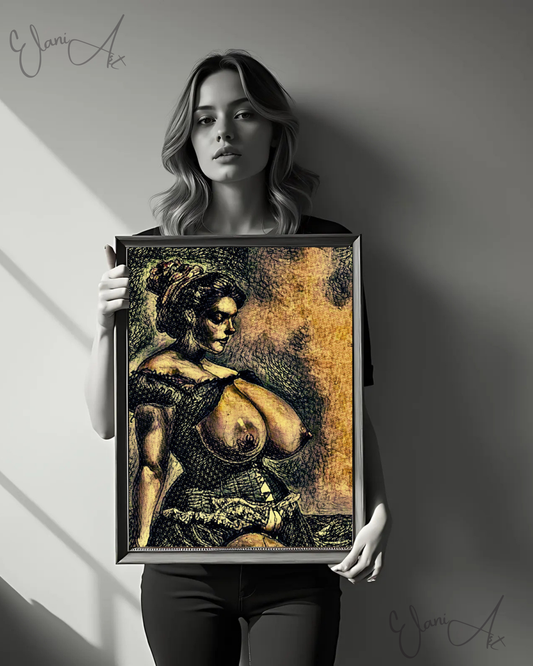 THE LUST - An Original Vibrant Brown Black Erotic Woman Bare Breasts in Corset Dress Impressionistic Artwork Print - Erotic Art by ElaniArt