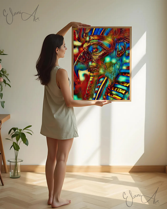 THE PHARAOH - An Original Vibrant Blue Gold Colorful Egyptian Pharaoh Divine Ruler Portraiture Impressionistic Artwork Print by ElaniArt