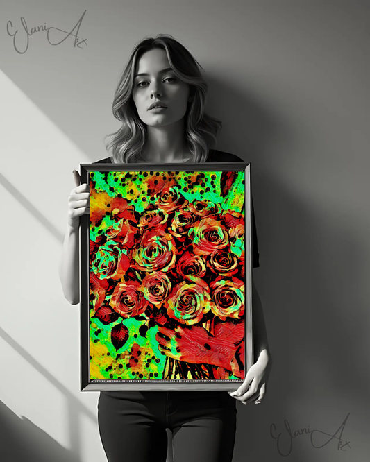 THE ROSES - An Original Vibrant Red Green Colorful Woman Holding Bouquet of Roses Flowers Floral Impressionistic Artwork Print by ElaniArt