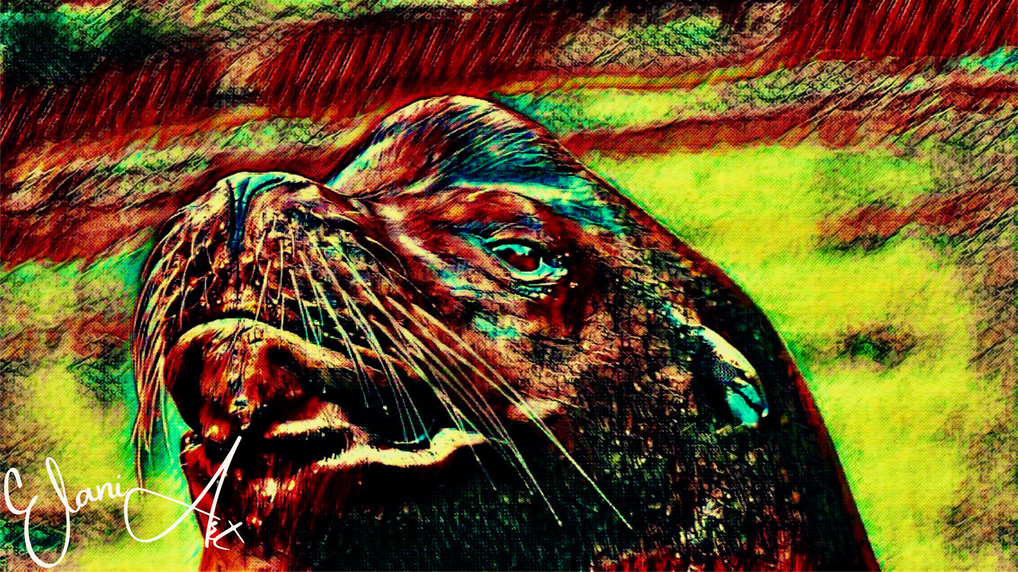 THE SEA LION - An Original Vivid Red Yellow Sea Lion Pinniped Whiskers Marine Mammal Portrait Impressionistic Wall Artwork Print by ElaniArt