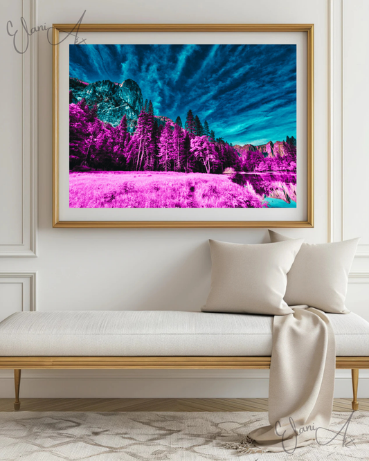 THE UNDERSTATED - An Original Vibrant Magenta Forest Under Teal Blue Sky Impressionistic Mountains Landscape Wall Artwork Print by ElaniArt