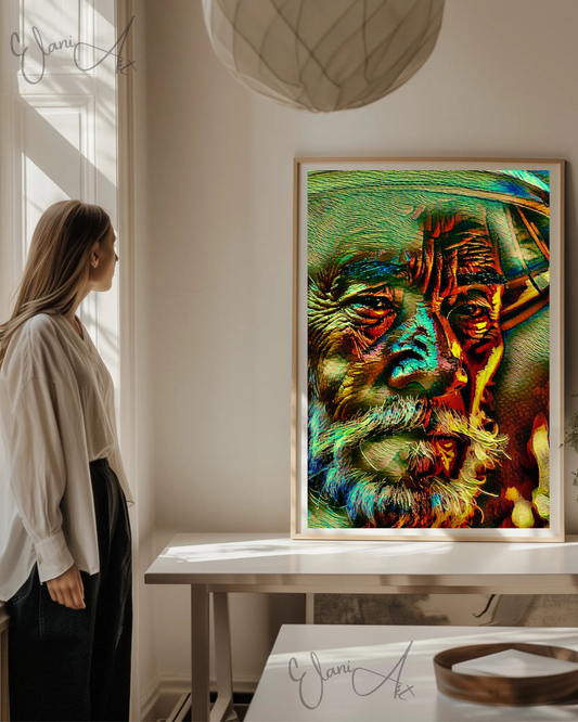 THE WONDERER - An Original Vibrant Elderly Man Portrait Beard Mustache Wrinkles Expressive Impressionistic Wall Artwork Print by ElaniArt
