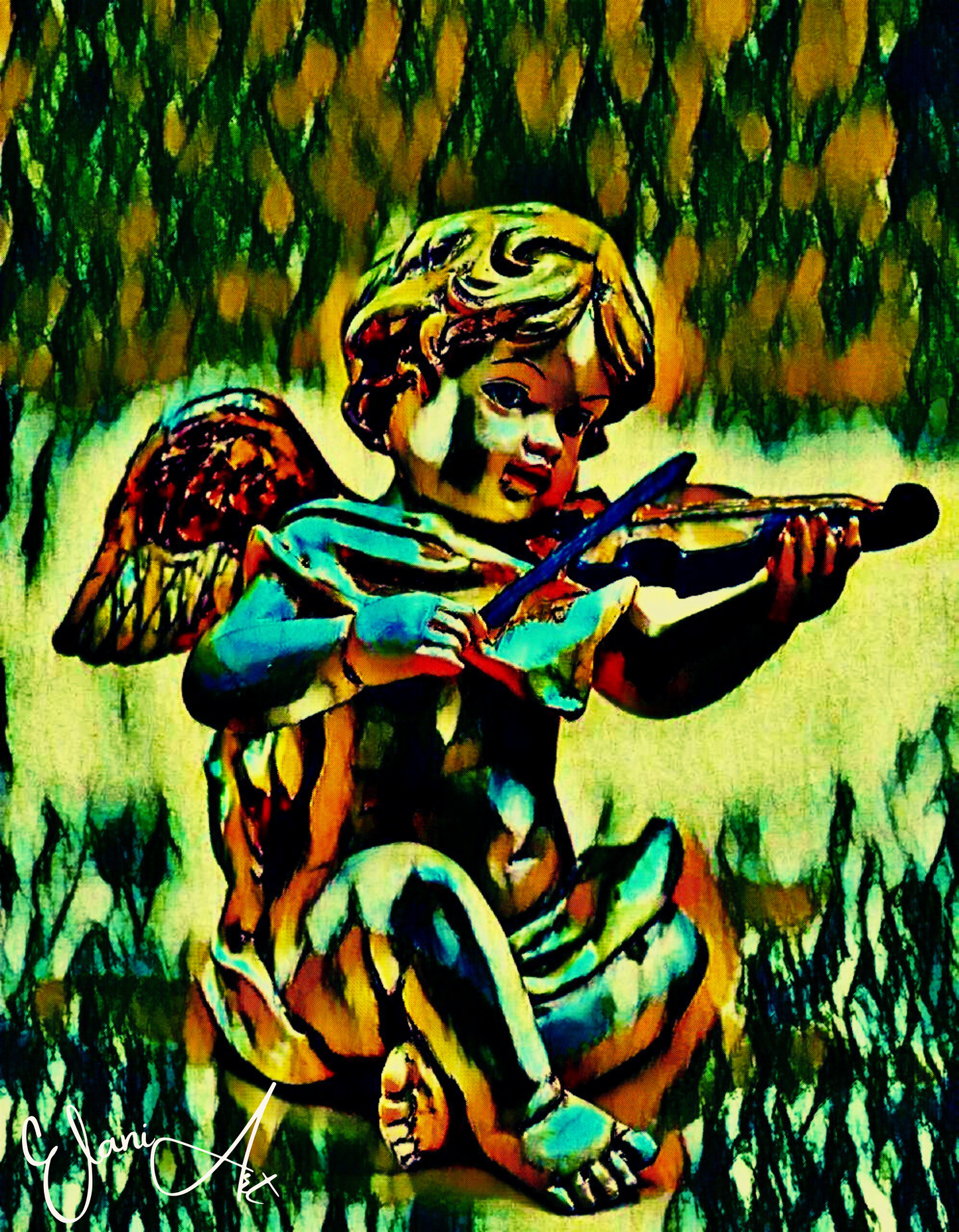 THE CHERUB SONG - An Original Vivid Cherub Putto Playing a Violin Heavenly Winged Infant Portrait Impressionistic Artwork Print by ElaniArt