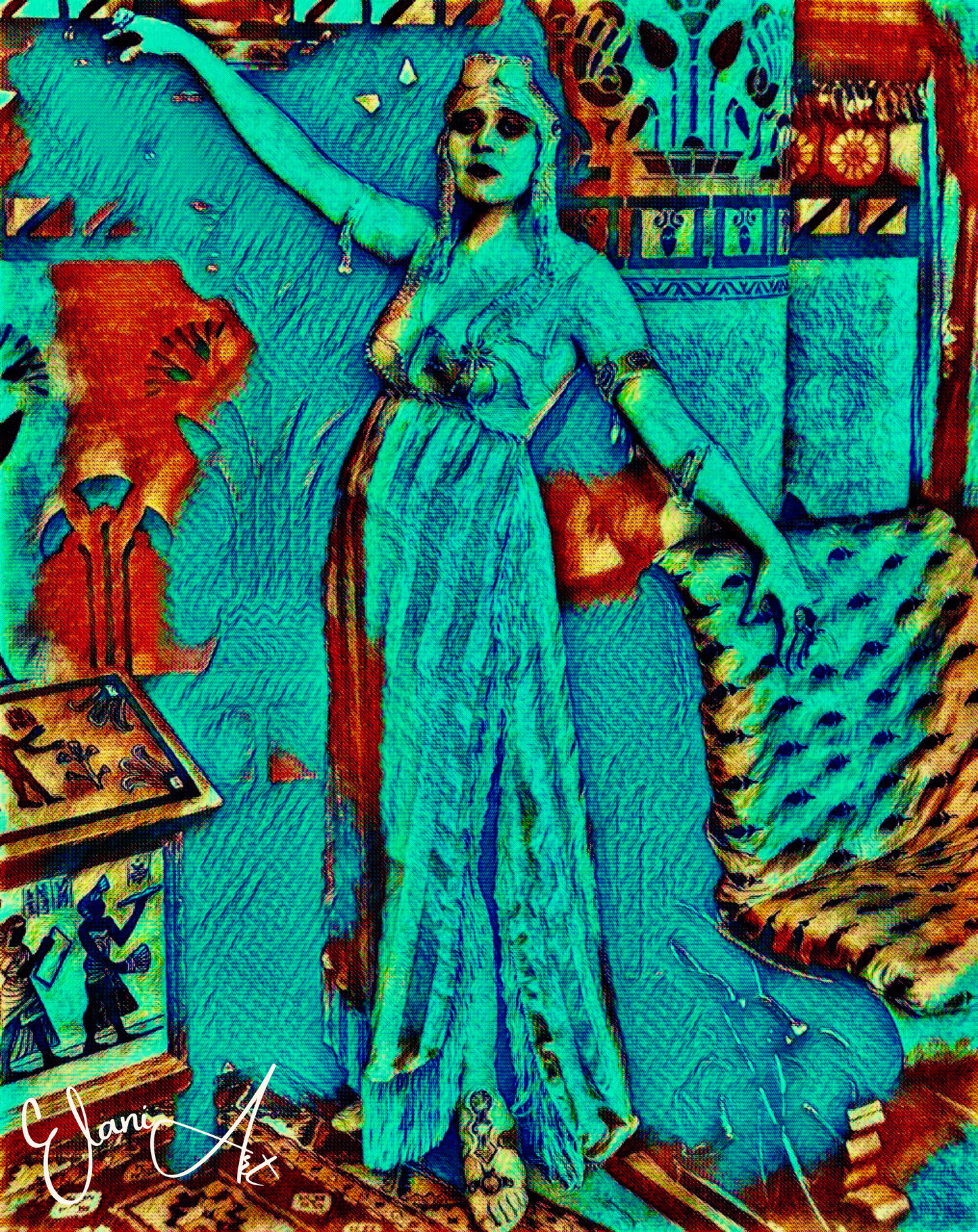THE ELITE - An Original Vibrant Blue Colorful Ancient Egyptian Noblewoman Dress Gown Portrait Impressionistic Wall Artwork Print by ElaniArt