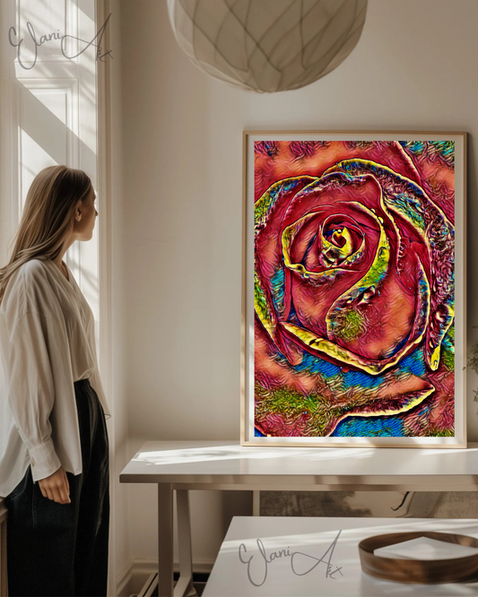 THE EXQUISITE - An Original Vibrant Colorful Pink Rose Petals Flower Floral Portrait Blooms Impressionistic Wall Artwork Print by ElaniArt