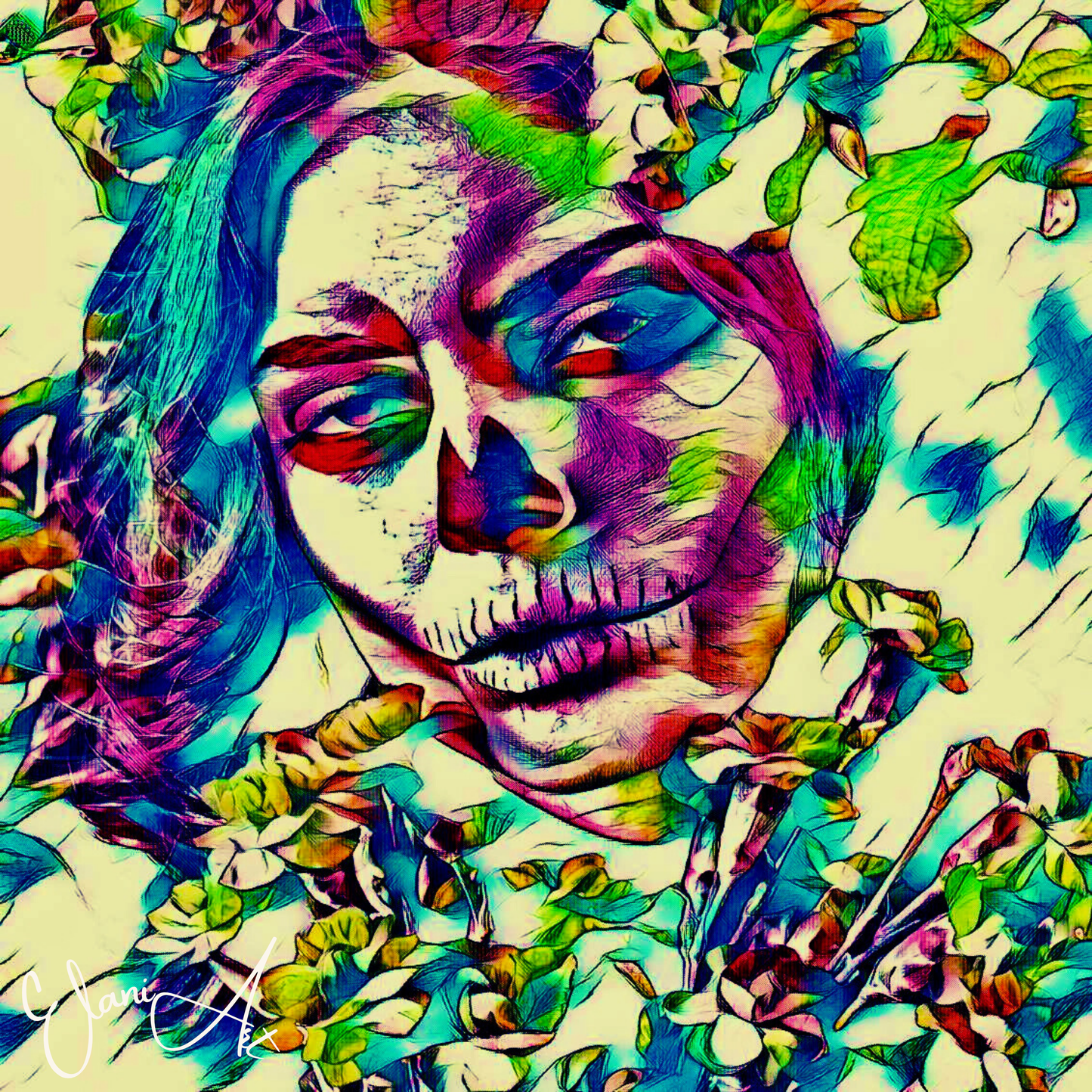 THE SLEEPLESS NIGHT - An Original Vibrant Pink Day of the Dead Woman Floral Stitched Mouth Impressionistic Wall Artwork Print by ElaniArt