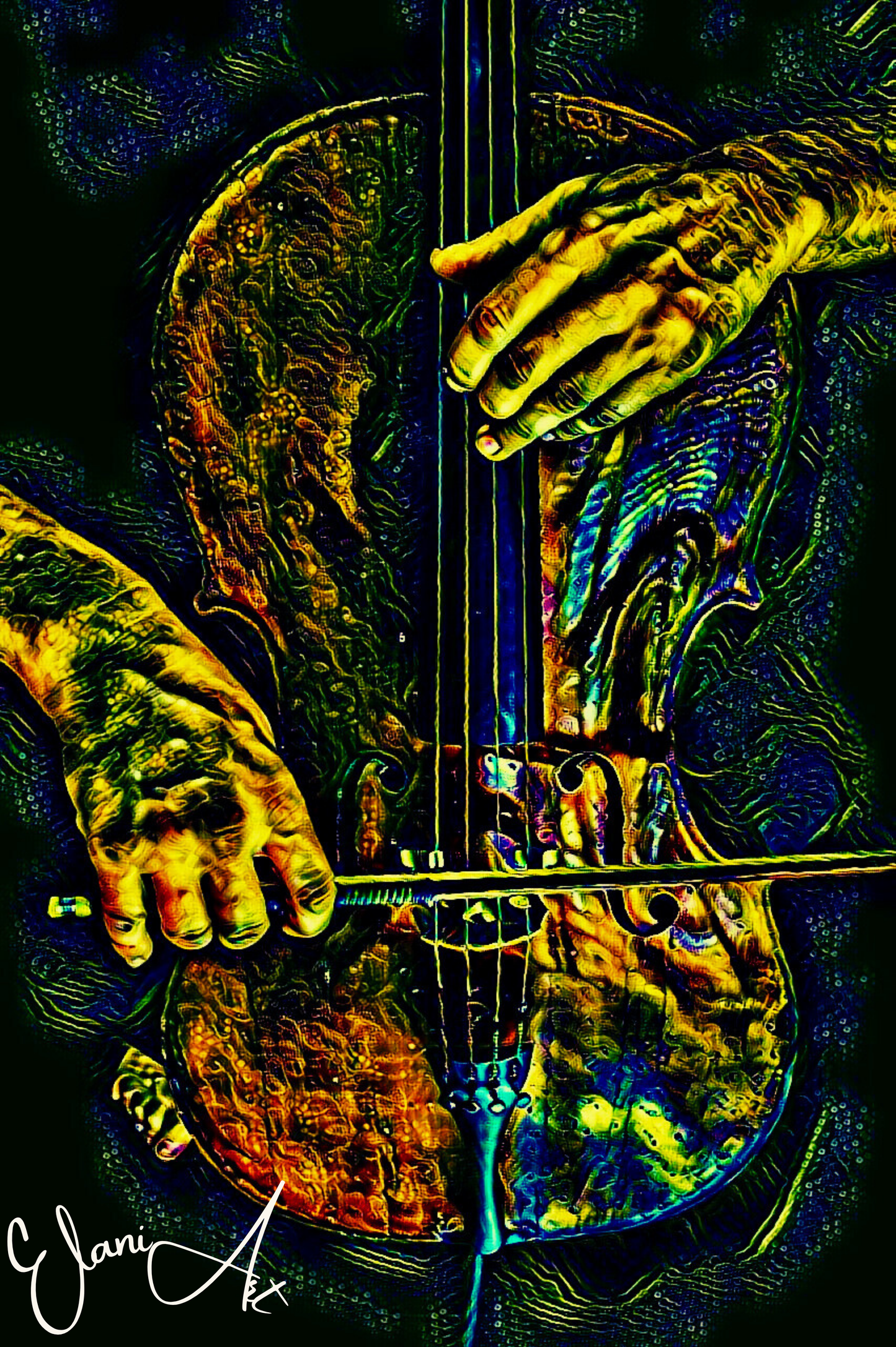 THE VIOLINIST - An Original Vivid Man's Hands Playing a Violin Musician String Instrument Impressionistic Wall Artwork Print by ElaniArt