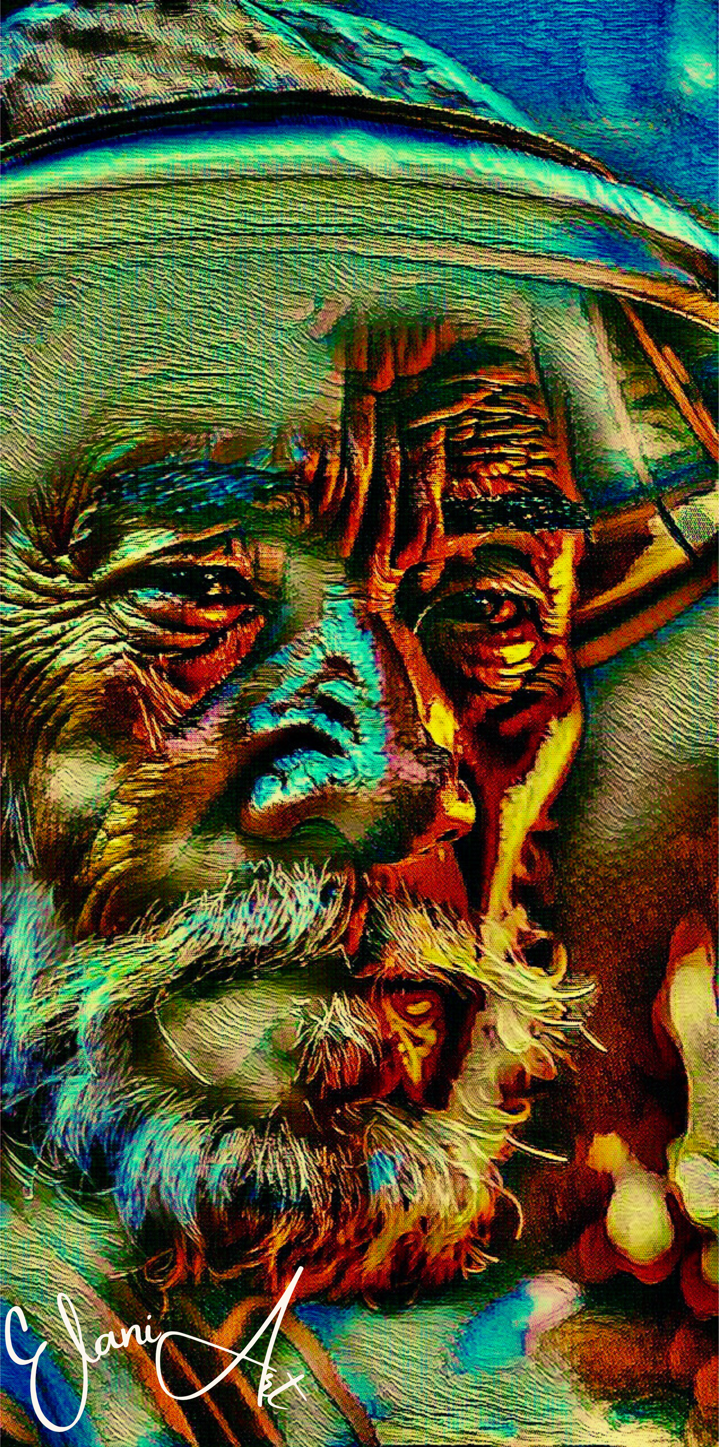 THE WONDERER - An Original Vibrant Elderly Man Portrait Beard Mustache Wrinkles Expressive Impressionistic Wall Artwork Print by ElaniArt