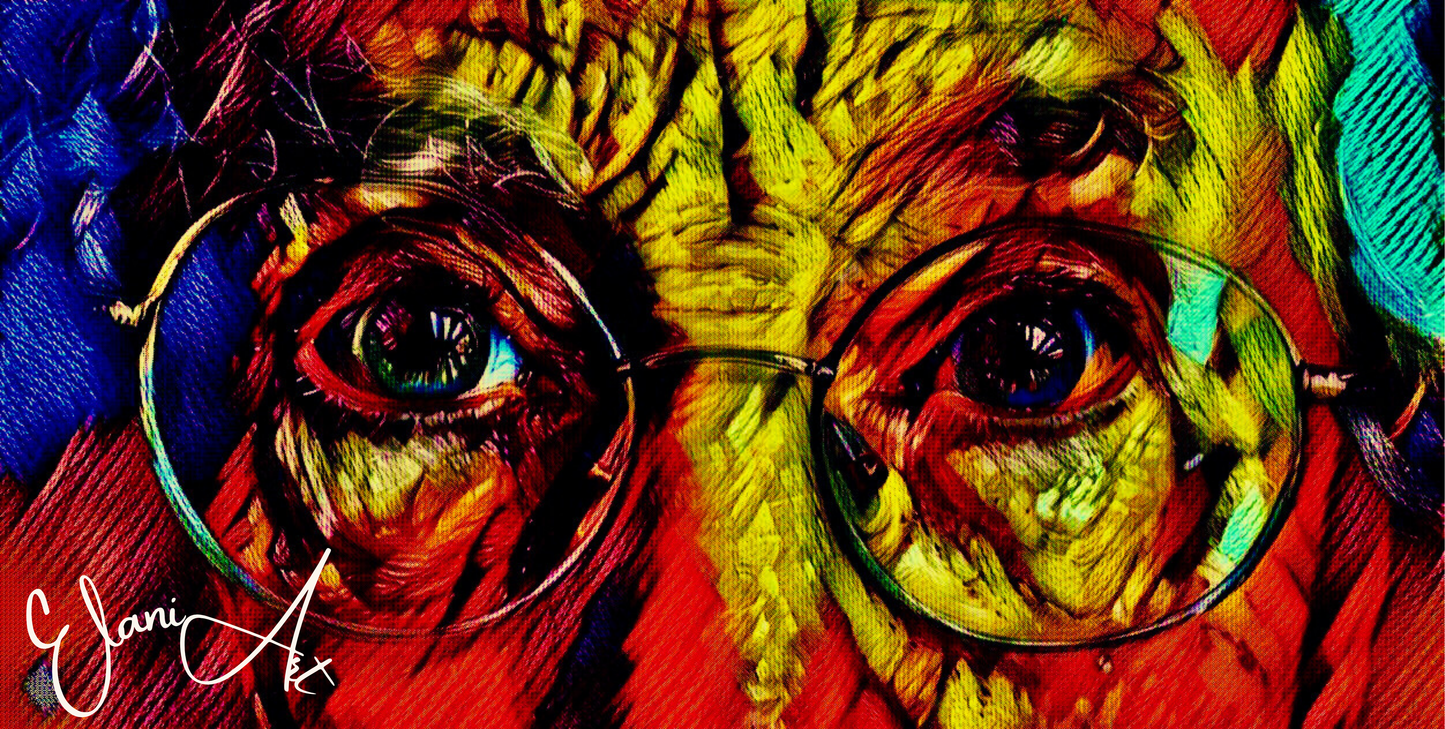 THROUGH MY EYES - An Original Vibrant Colorful Old Man Eyes with Glasses Close-Up Portrait Impressionistic Wall Artwork Print by ElaniArt