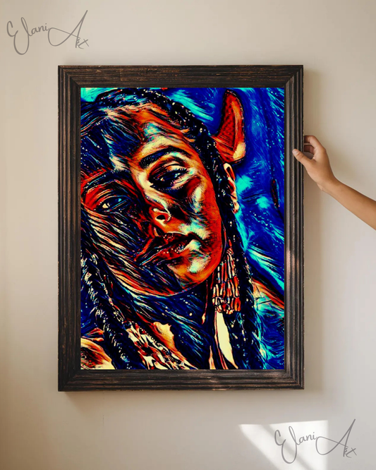WHISPER - An Original Vibrant Blue Brown Colorful Woman's Face Portrait Brown Eyes Braids Impressionistic Wall Artwork Print by ElaniArt
