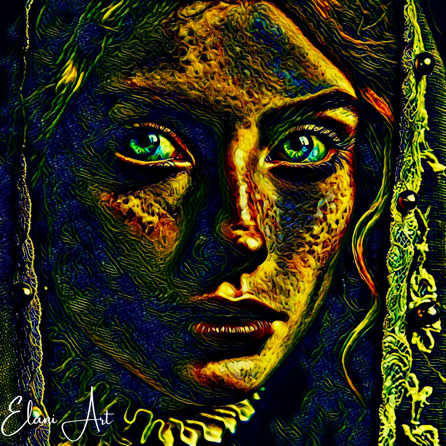 YOU DIDN'T SEE ME HERE - An Original Vibrant Glowing Blue Eyes Victorian Woman Portrait Head Veil Impressionistic Artwork Print by ElaniArt